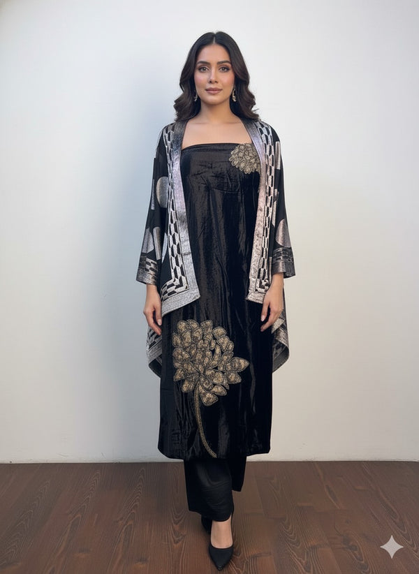 Black Velvet Suit With Golden Handwork